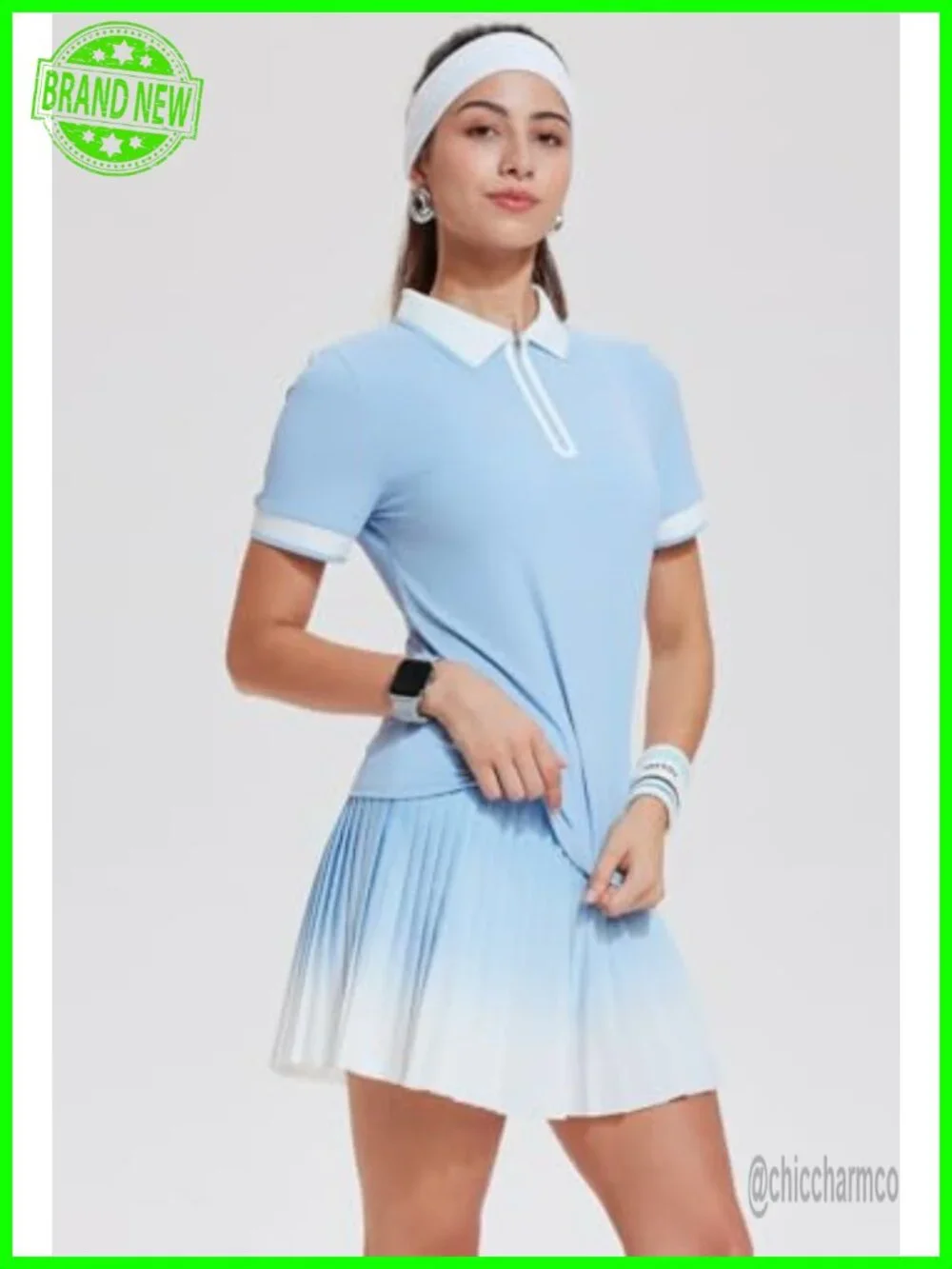 2 Piece Tennis Skort Set with Built-in Shorts, Pleated A-Line, Zipper Polo Top,